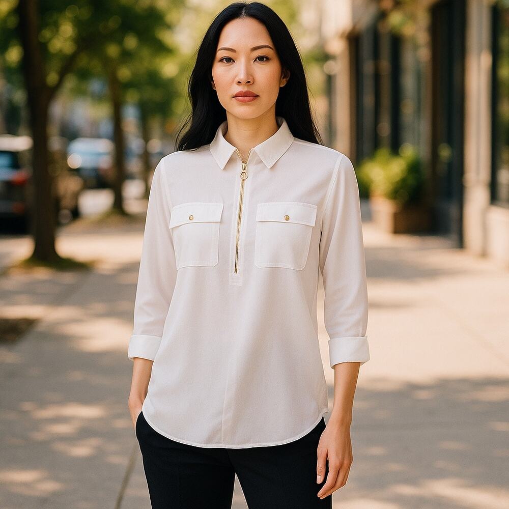 MICHAEL Kors Womens Blouse Size Small White Sheer Quarter Zip NEW - Picture 2 of 11